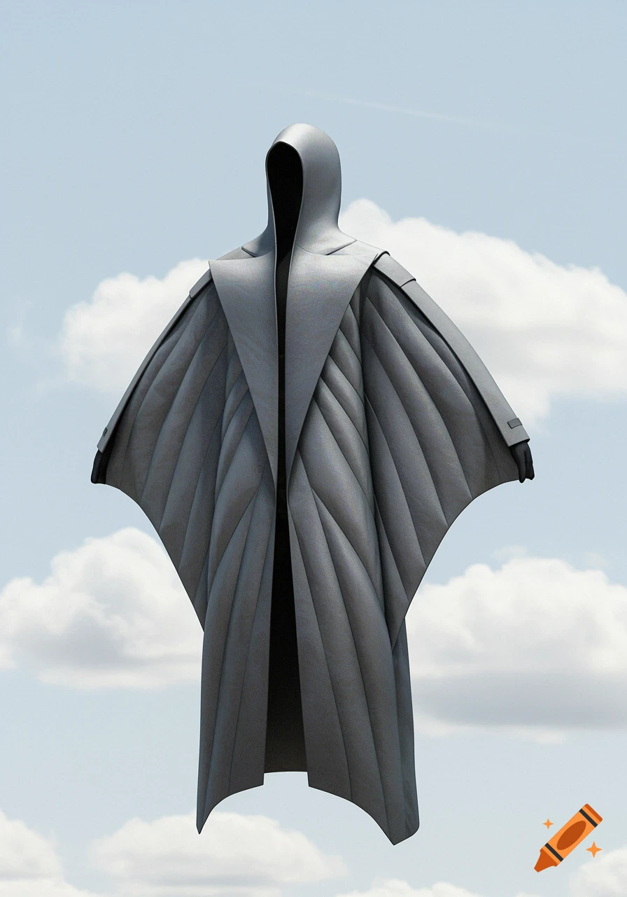 A grey, hooded, bat-wing-like coat or wingsuit floats against a cloudy blue sky.