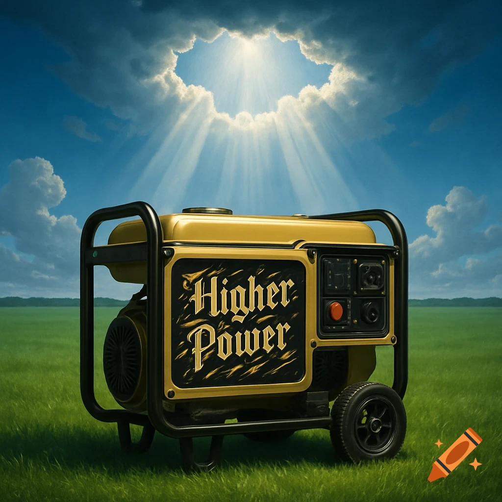 A photorealistic image of a yellow portable generator with 'Higher Power' on its side, sitting in a green field under a blue sky with sun rays.