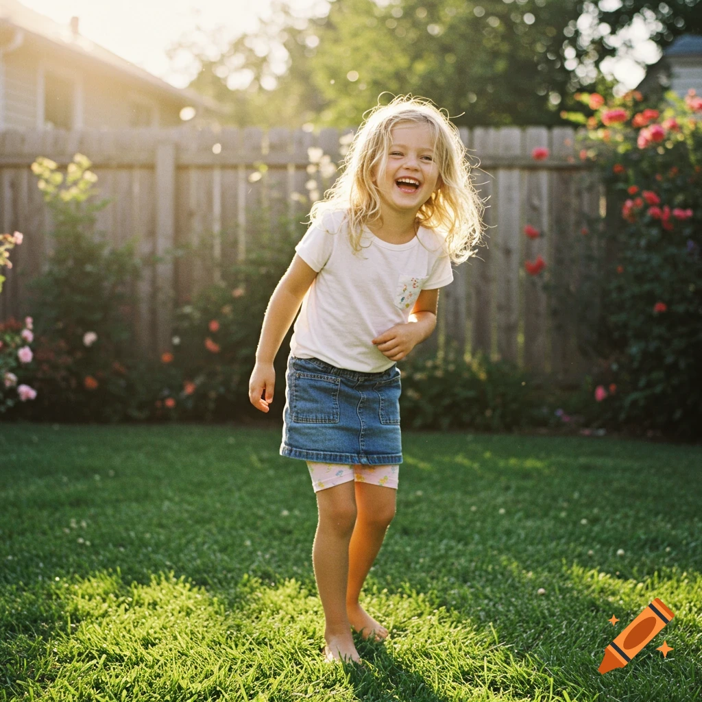 A happy blonde-haired girl in a white shirt and denim skirt laughs while standing barefoot in a sunny green backyard.