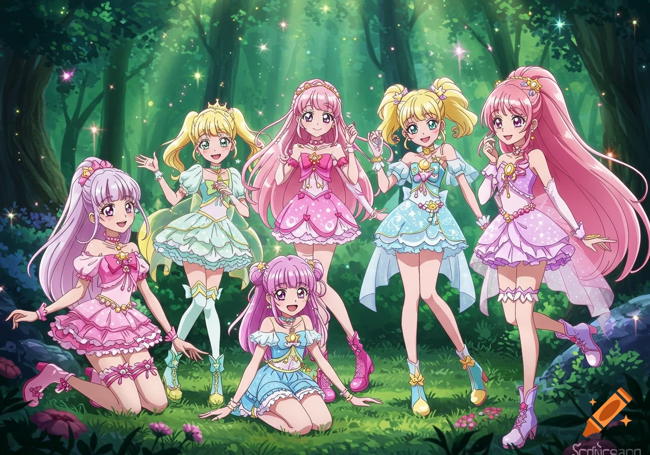 Six colorful anime magical girls in elaborate dresses smiling and posing in an enchanted forest with sparkling lights.