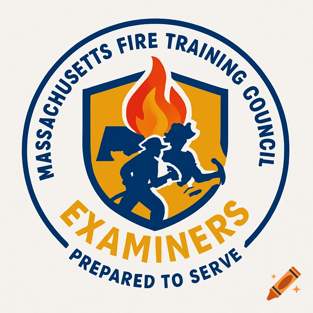 A circular logo for the Massachusetts Fire Training Council Examiners, featuring two firefighter silhouettes, a flame, and a shield on an orange and blue background. The tagline "PREPARED TO SERVE" is at the bottom.