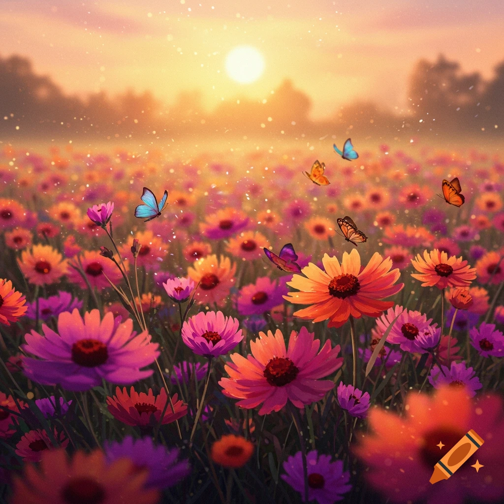 A vibrant field of pink and orange flowers with colorful butterflies flying under a golden sunset sky.