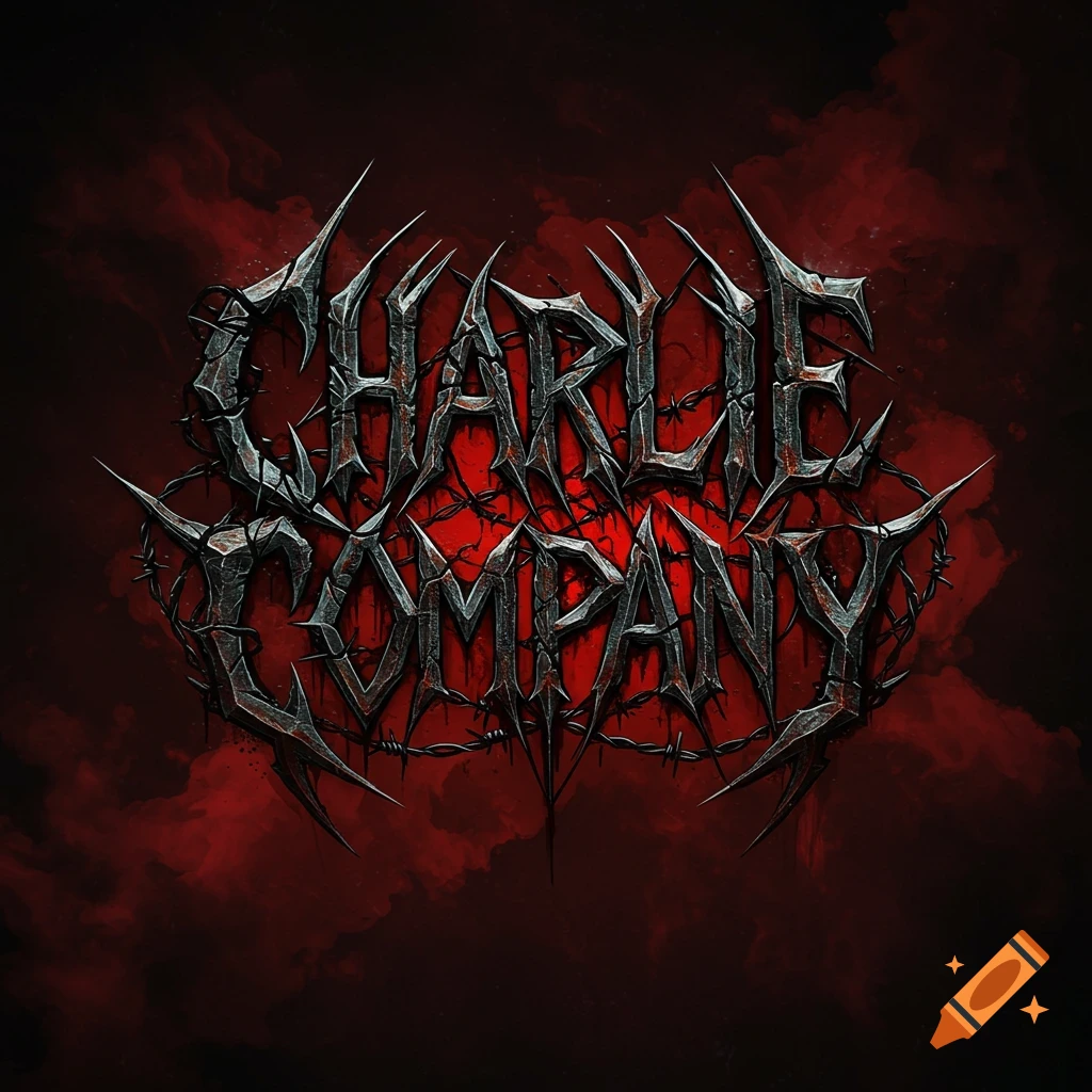 Death metal band logo for Charlie Company with sharp, metallic, and barbed wire text against a dark red background.