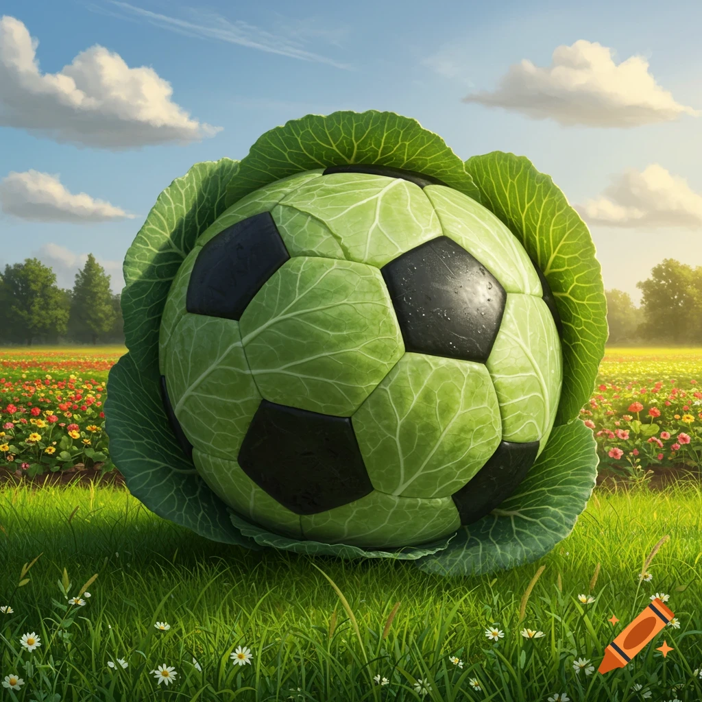 A photorealistic soccer ball made of cabbage leaves rests in a grassy field with colorful flowers under a blue sky.