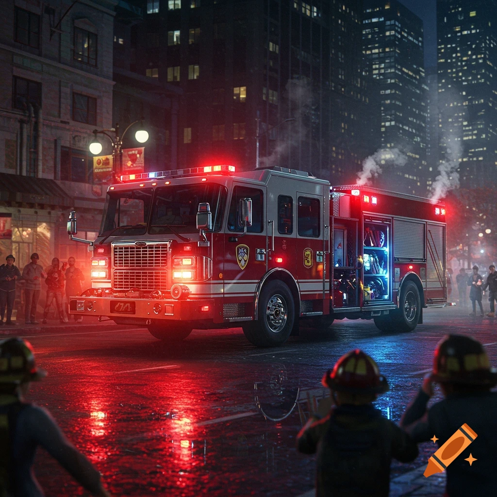 A photorealistic image of a red fire truck with flashing lights on a wet city street at night. Two people in helmets are in the foreground.