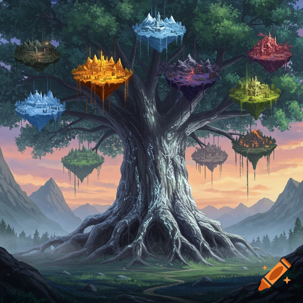 A colossal, ancient tree in a fantasy landscape with nine colorful floating islands, each with a kingdom, hanging from its branches.