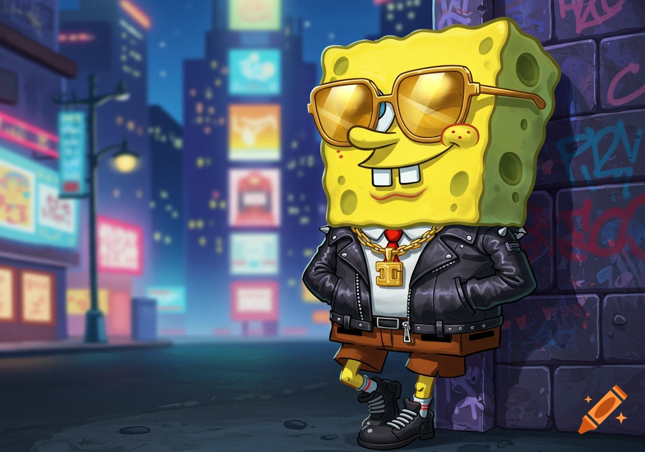 Spongebob Squarepants wearing a black leather jacket, gold chain, and sunglasses, leaning against a graffiti-covered brick wall in a neon-lit city at night.