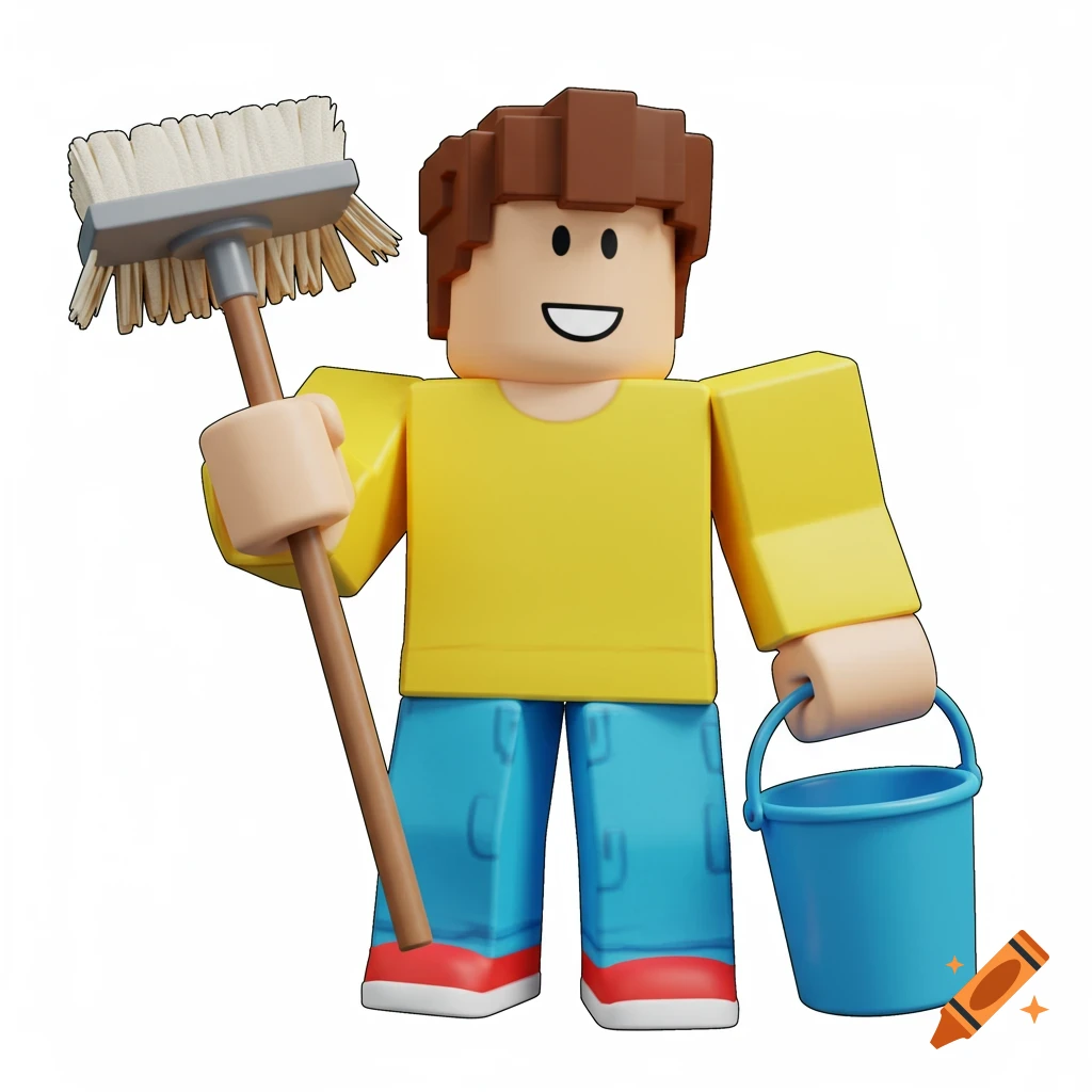 A smiling Roblox style character in a yellow shirt and blue pants, holding a mop and a blue bucket, on a transparent background.