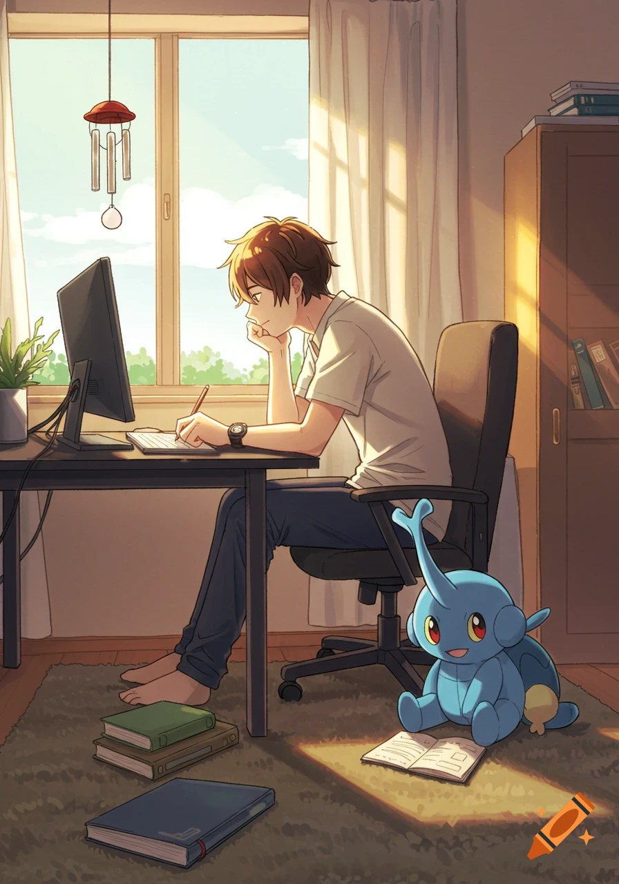 An anime style image of a young man sketching at a computer desk next to a sunny window, with a Heracross plushie on the floor.