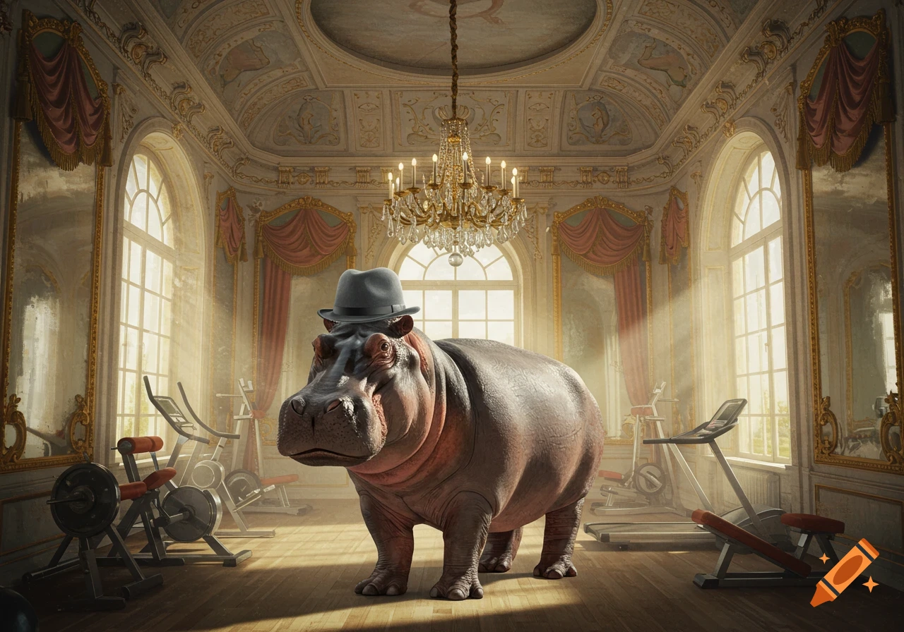 A photorealistic hippopotamus wearing a dark fedora stands in a grand, ornate gymnasium filled with workout equipment, bathed in sunlight.
