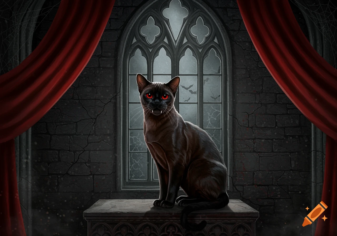 A brown Burmese cat with red eyes and fangs sits on a gothic altar in a dark room with red curtains and an arched window.