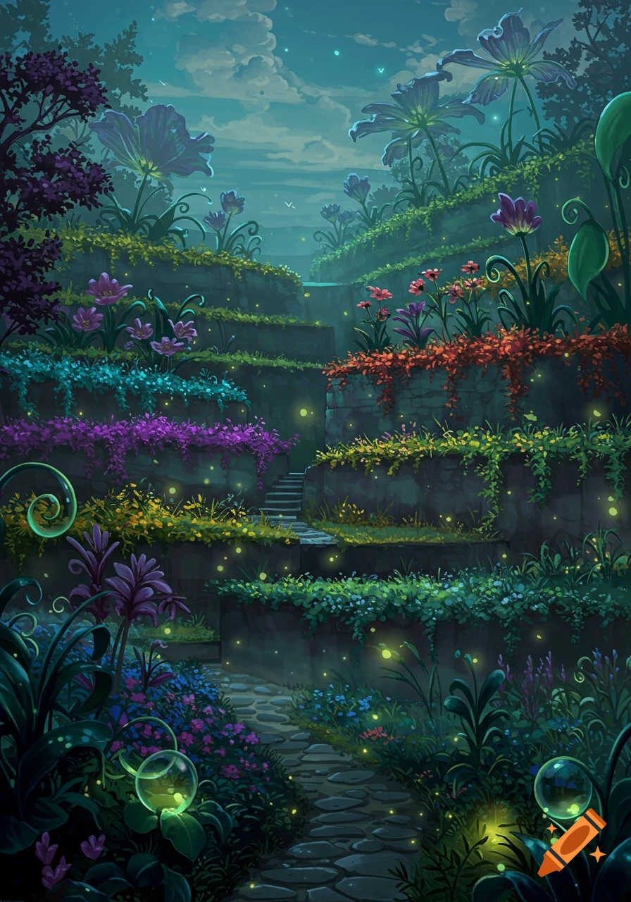 A vibrant, magical tiered fantasy garden with a winding stone path, colorful plants, large flowers, and glowing fireflies under a twilight sky.
