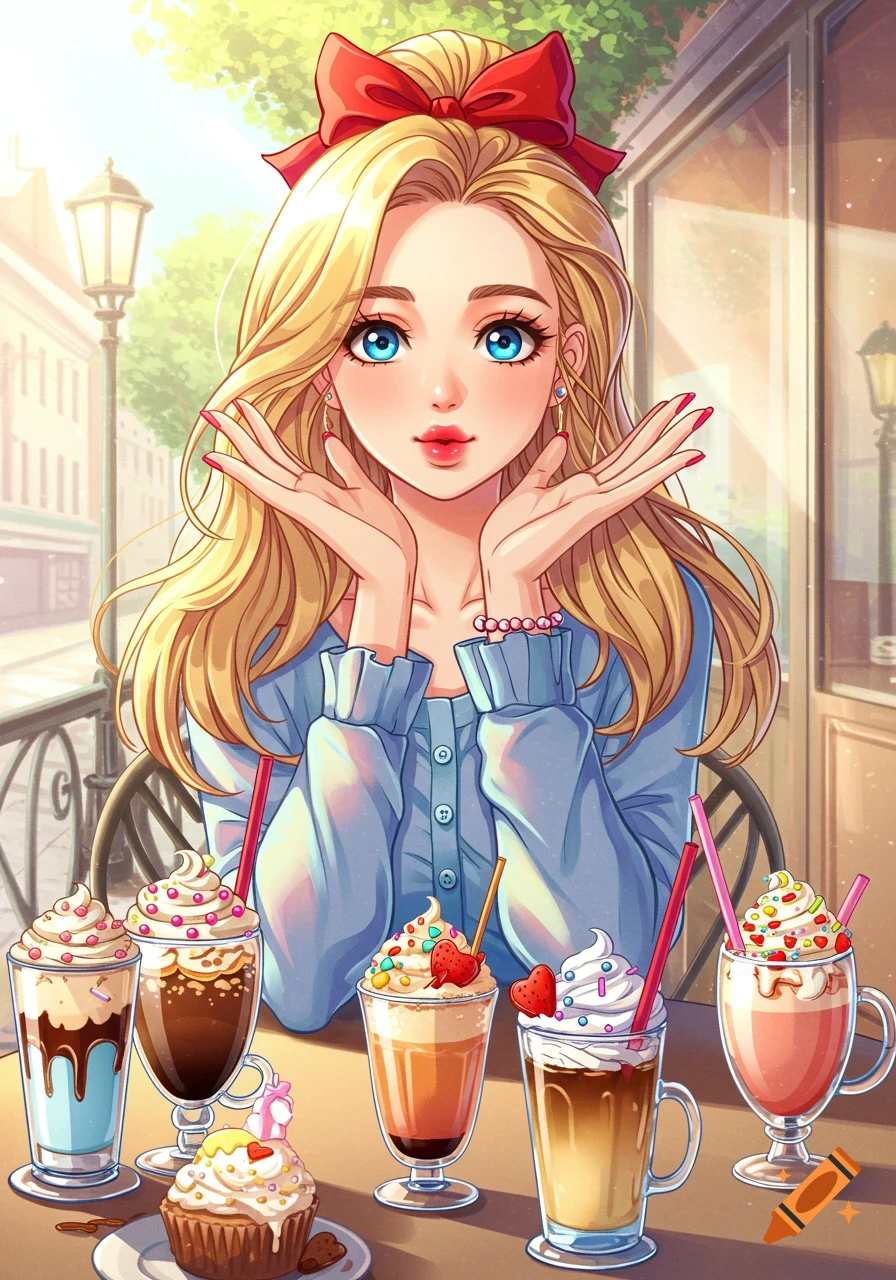 Anime-style woman with long blonde hair and a red bow, sitting at a cafe table with multiple sugary coffee drinks.