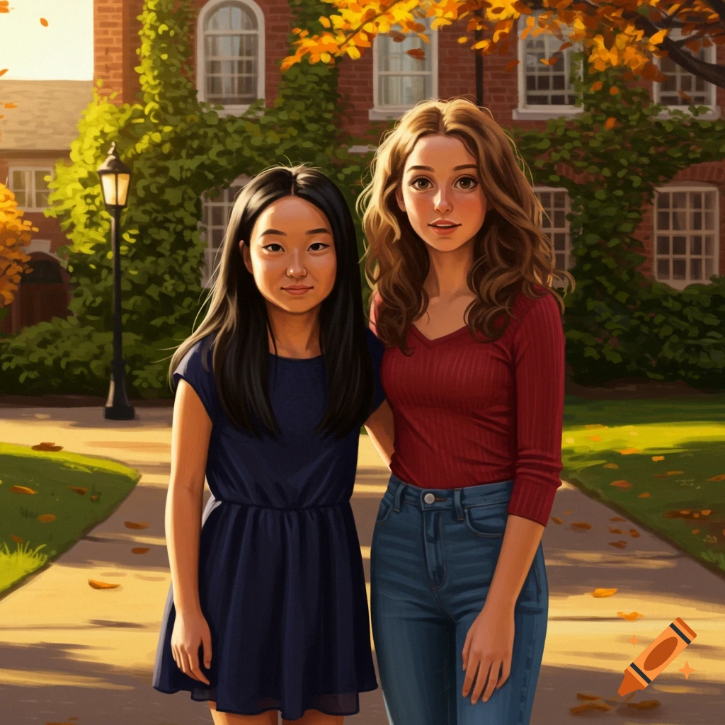 Illustration of two young women, an Asian girl and a white girl, standing on a path in front of a brick college building with autumn foliage.