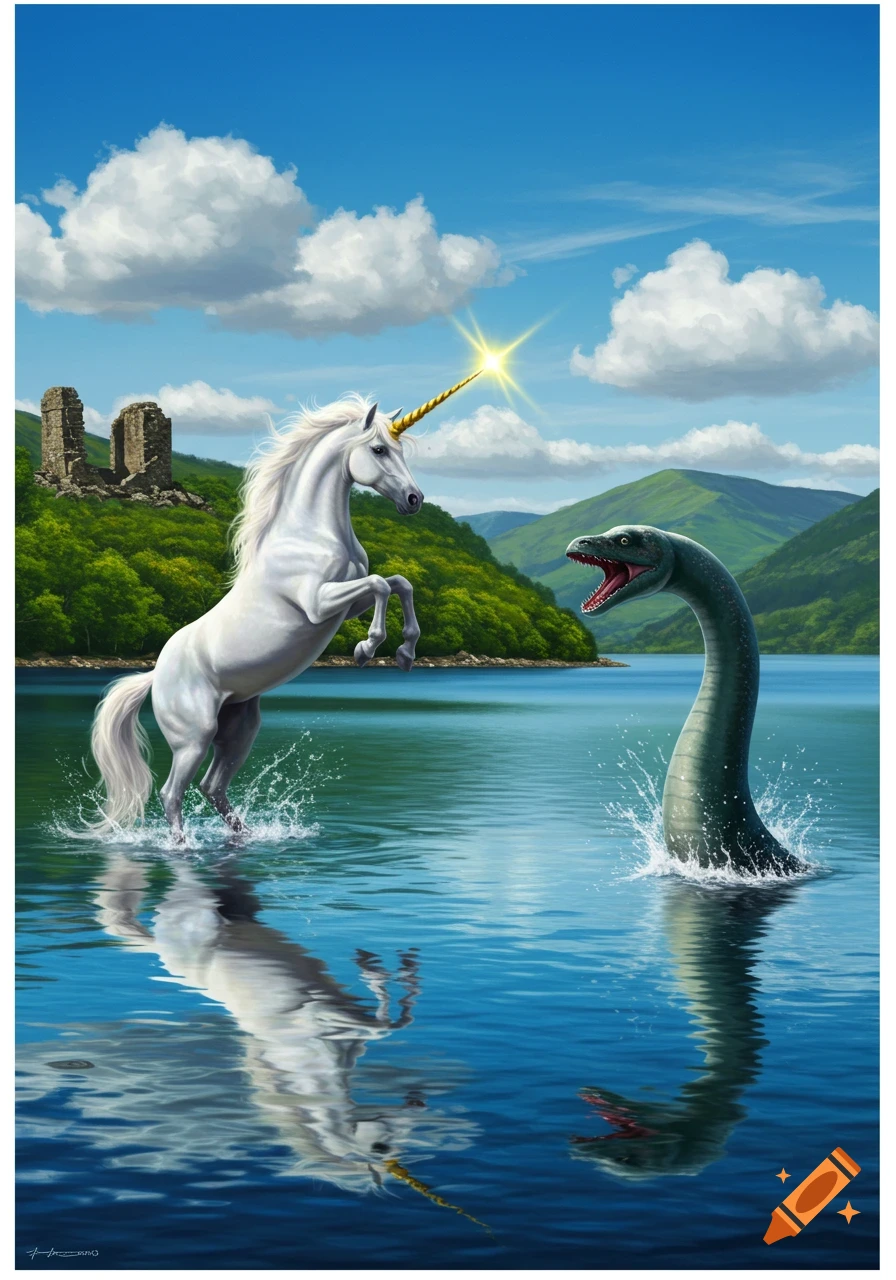 A white unicorn rears in blue water, horn glowing, facing a large sea monster. Mountains and castle ruins in background.