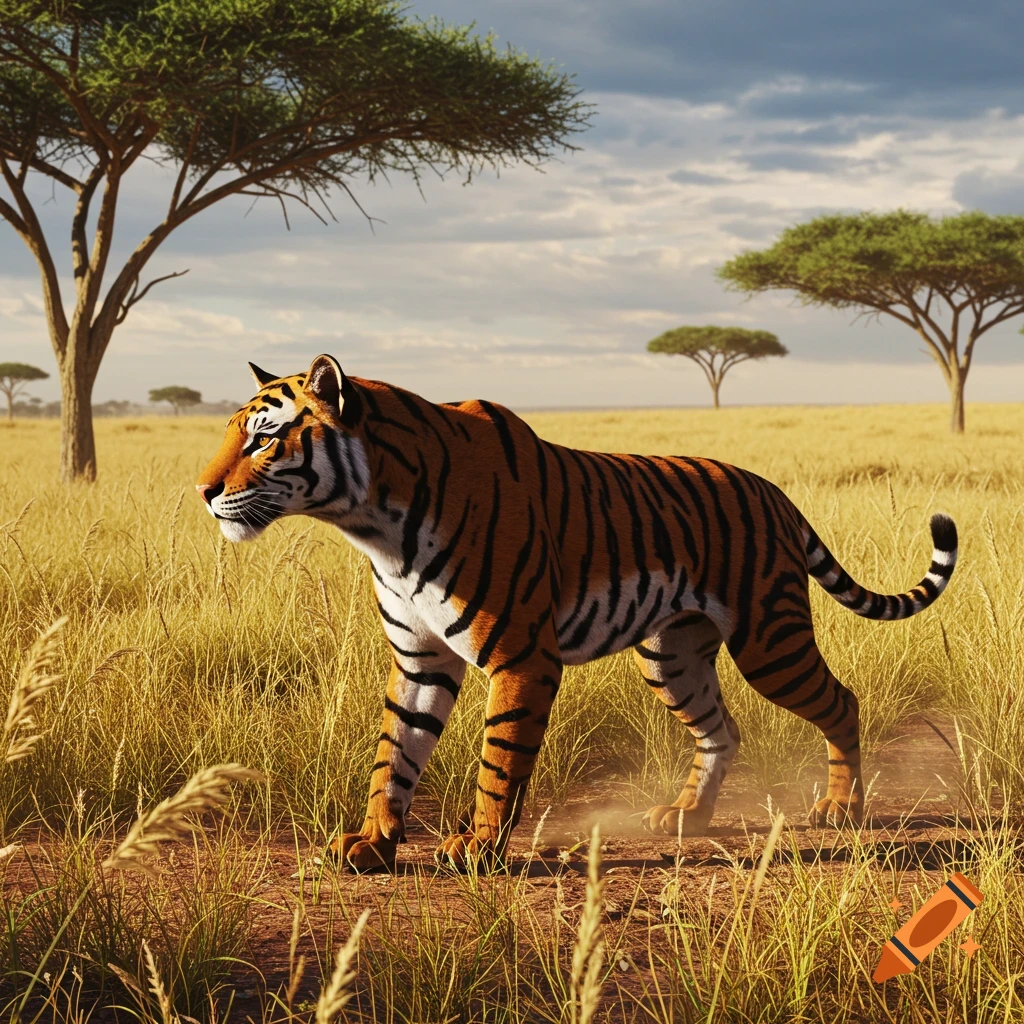 A realistic tiger walks through tall golden grass in a savanna, with acacia trees under a cloudy sky.