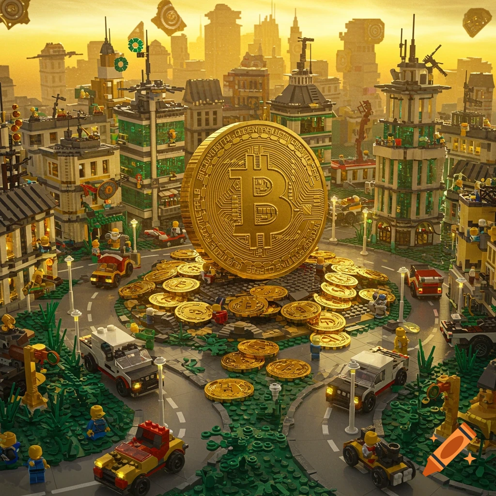 A detailed Lego city with a giant gold Bitcoin coin at its center, surrounded by smaller gold coins and Lego people, cars, and buildings under a golden sky.