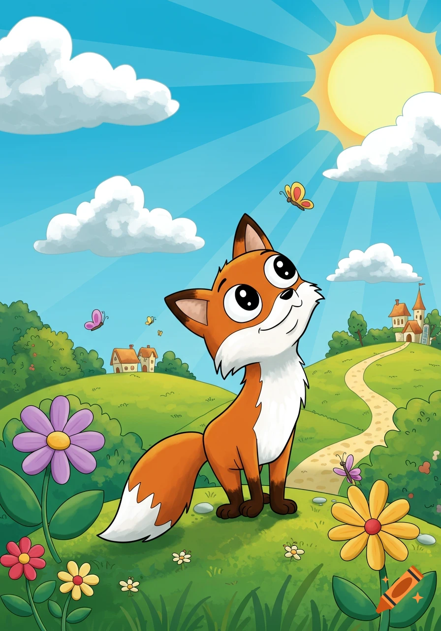 A cute cartoon fox stands on a green hill, looking up at a butterfly, with colorful flowers, a path, and houses under a sunny blue sky.