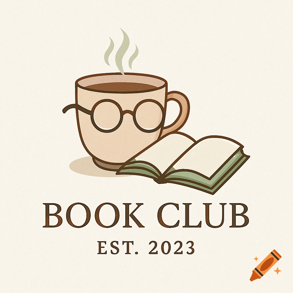 A stylized logo featuring a coffee cup wearing spectacles next to an open book, with the text 'BOOK CLUB' and 'EST. 2023' below.