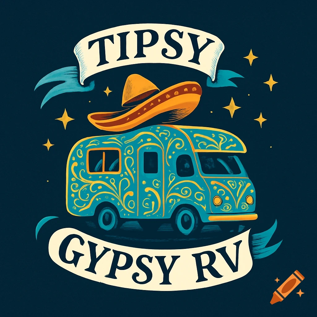 A stylized logo featuring a turquoise camper van with a sombrero, and banners reading 'TIPSY' and 'GYPSY RV' with stars on a dark background.