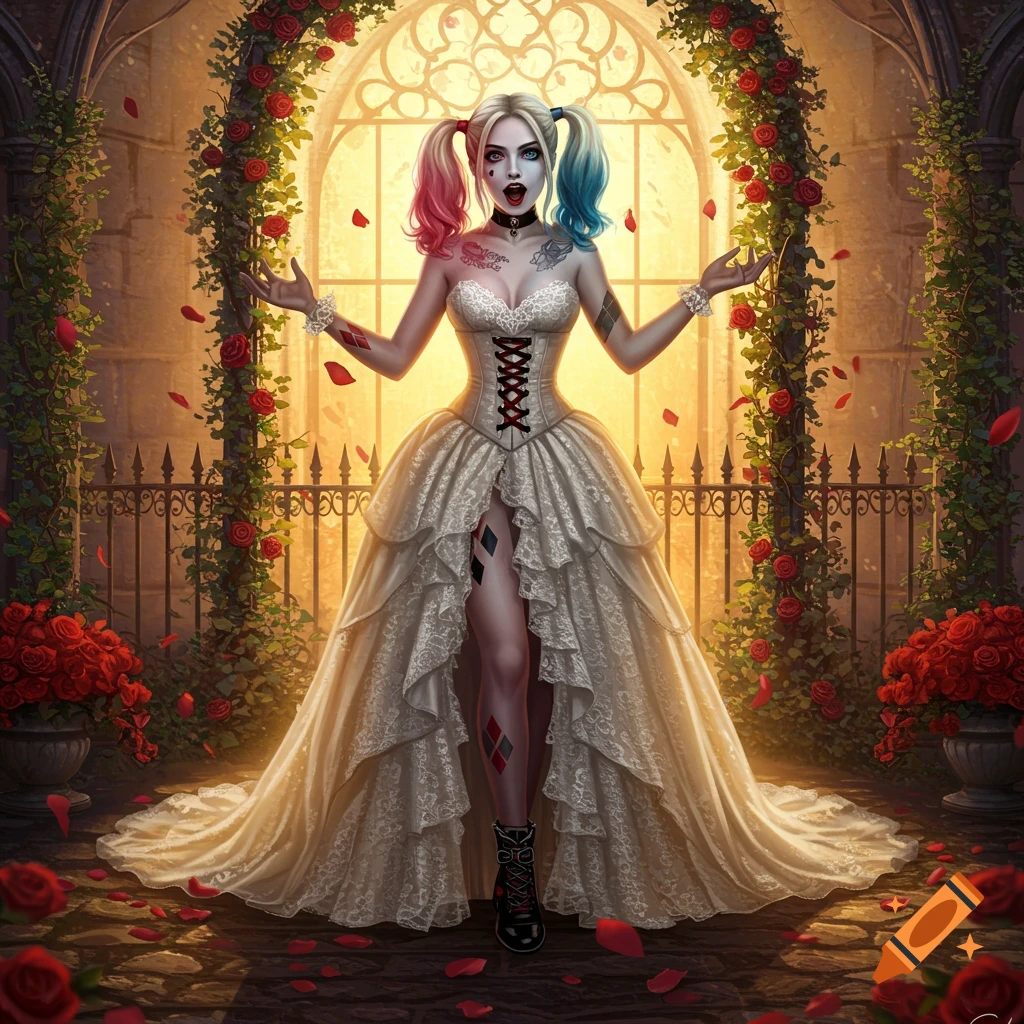 Harley Quinn in a white wedding gown with red and blue pigtails, standing in a gothic archway adorned with red roses and falling petals. The background shows a bright, patterned window.