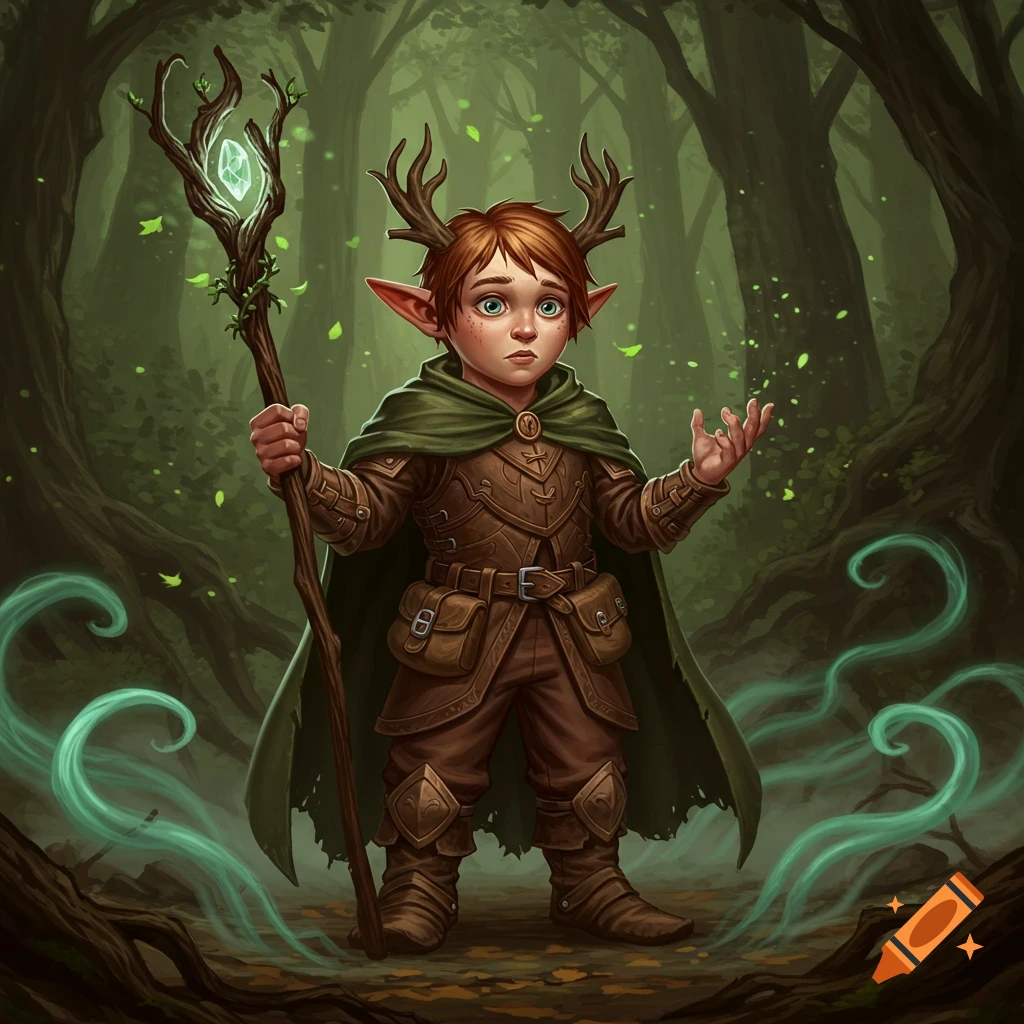 A young forest gnome druid with antlers, pointy ears, a cloak, and leather armor stands in an enchanted forest, holding a glowing staff.