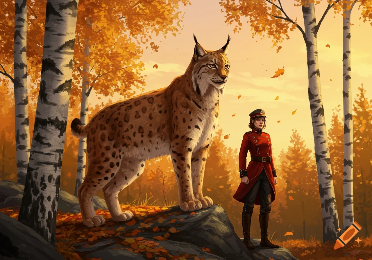 A large Eurasian lynx and a girl in a red military-style coat stand on a rock in a bright autumn birch forest.