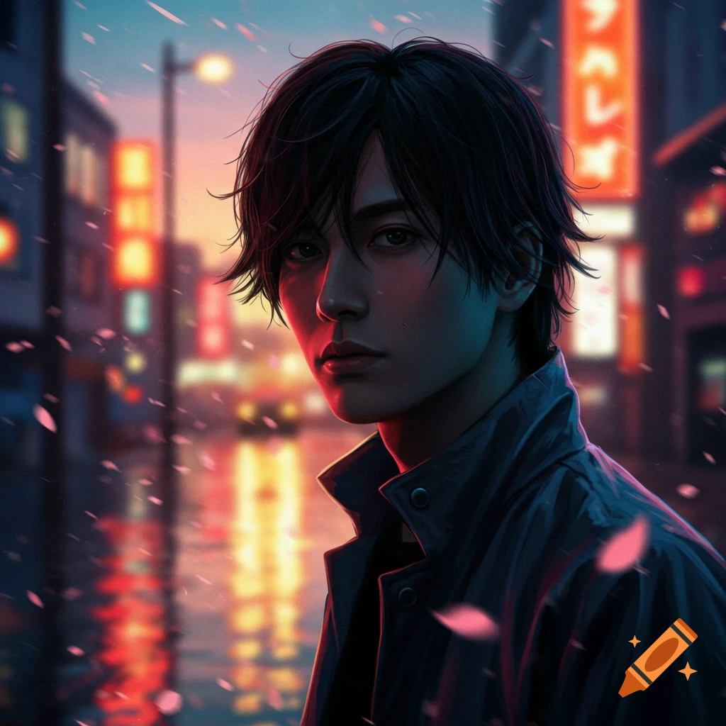 A stylized portrait of a person with dark hair in a city street at dusk, illuminated by neon lights and falling petals.