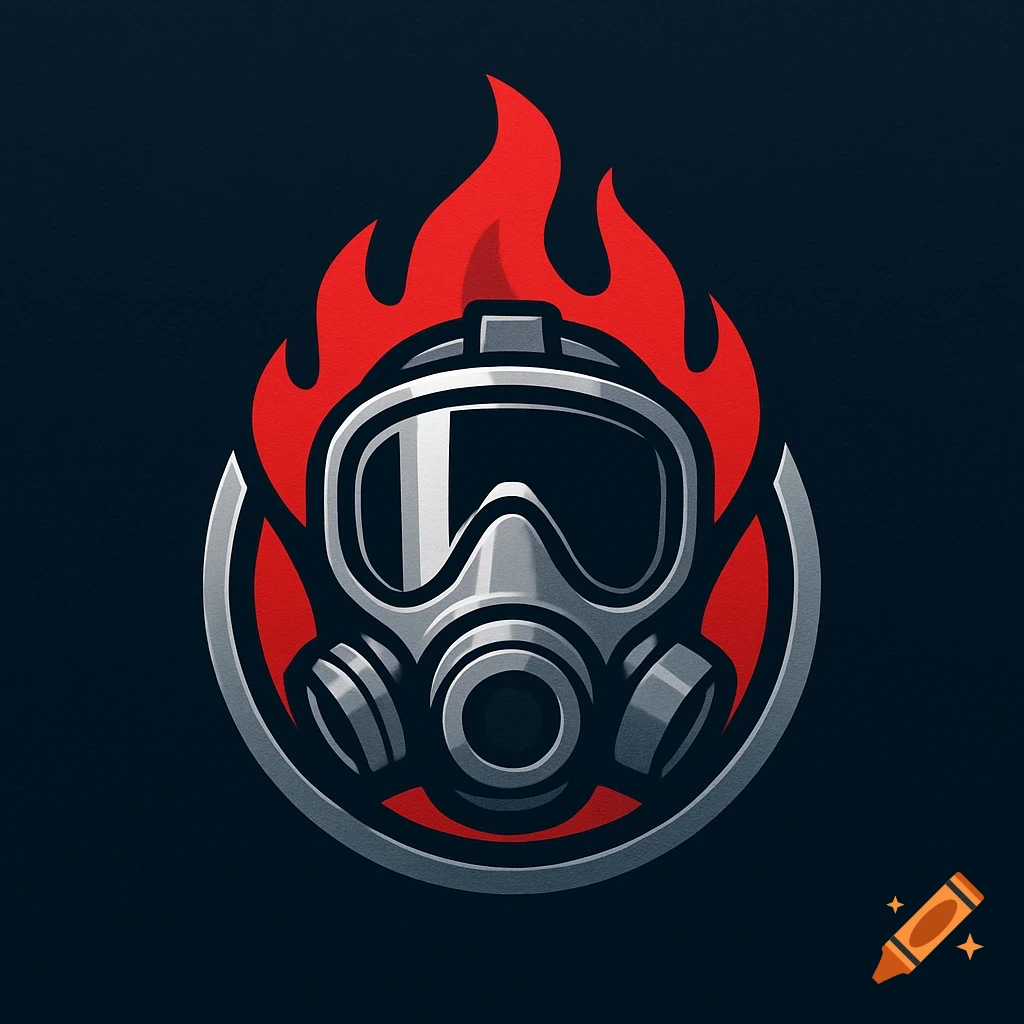 A stylized logo featuring a gas mask surrounded by red flames on a dark background.