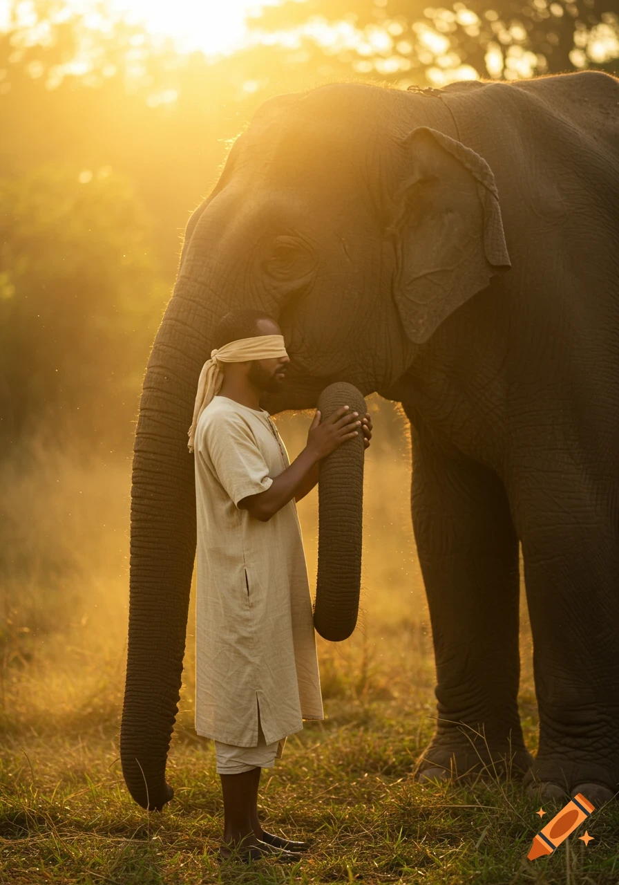 A blindfolded man gently touches an elephant's trunk in a golden sunrise, photorealistic.
