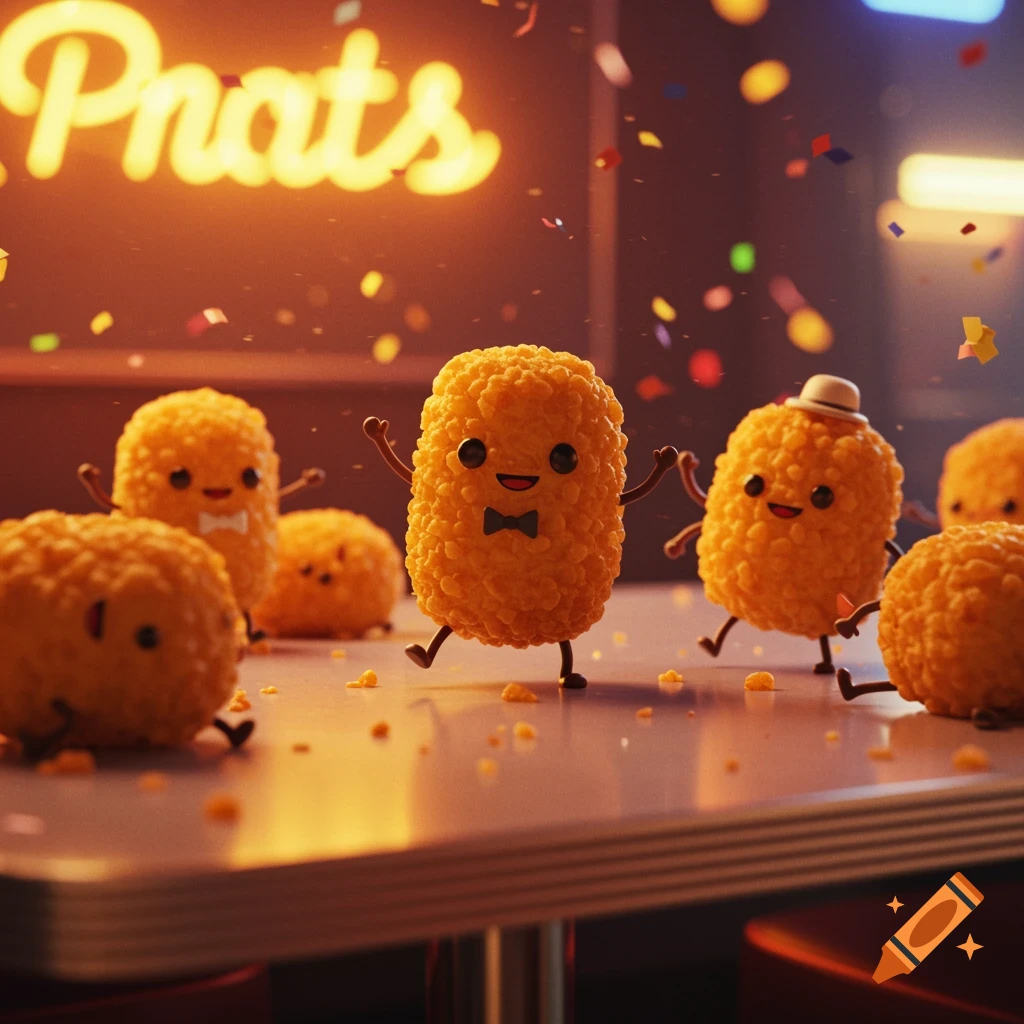Smiling anthropomorphic tater tots with arms and legs dance on a table amidst falling confetti in a cartoon style.