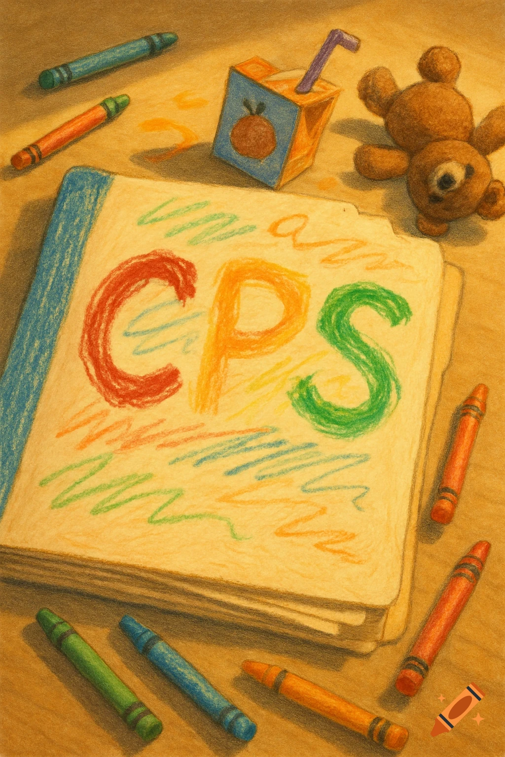 A crayon drawing depicts a notebook with 'CPS' written on it, surrounded by crayons, a juice box, and a teddy bear.