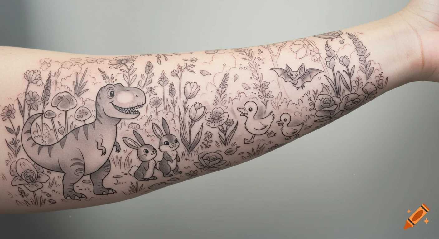 A black and grey tattoo on an arm depicting a whimsical garden with a smiling T-Rex, two bunnies, two ducklings, and a bat amidst flowers.