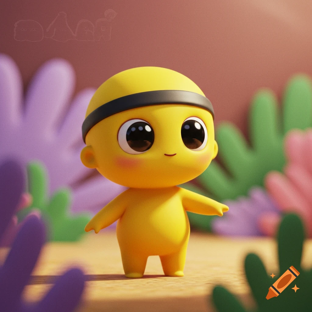 A cute yellow cartoon character with big eyes and a black headband stands in a soft, colorful environment.