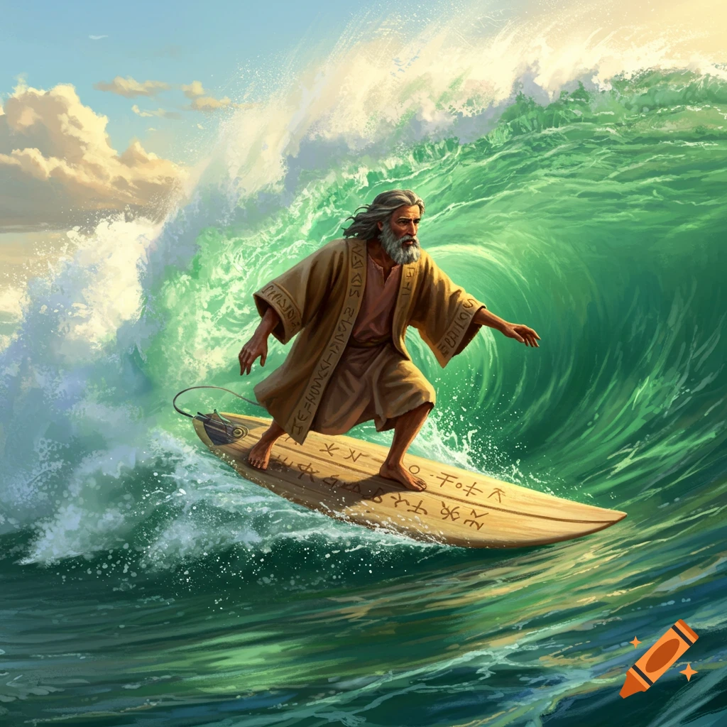 A bearded man with long hair, wearing brown robes, surfs a large green ocean wave on a wooden surfboard.