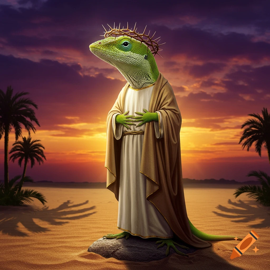 A green anole lizard dressed in robes and a crown of thorns, standing on a rock in a desert at sunset.