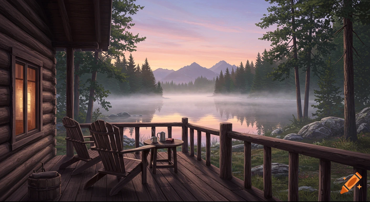 A serene morning view from a rustic cabin porch overlooking a misty lake with mountains and pine trees under a pastel sky.