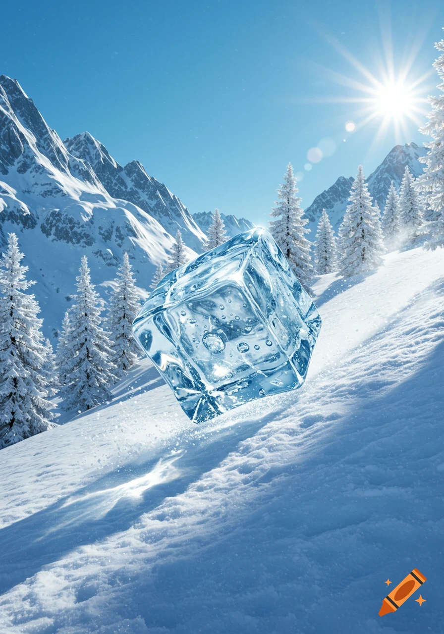 A photorealistic ice cube slides down a snowy mountain slope with snow-covered trees and sun.