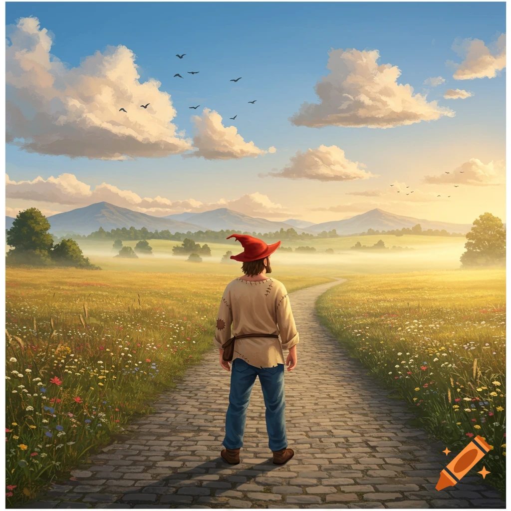 A person in a red hat and blue jeans stands on a cobblestone path looking at a vast, misty field with mountains at sunset.