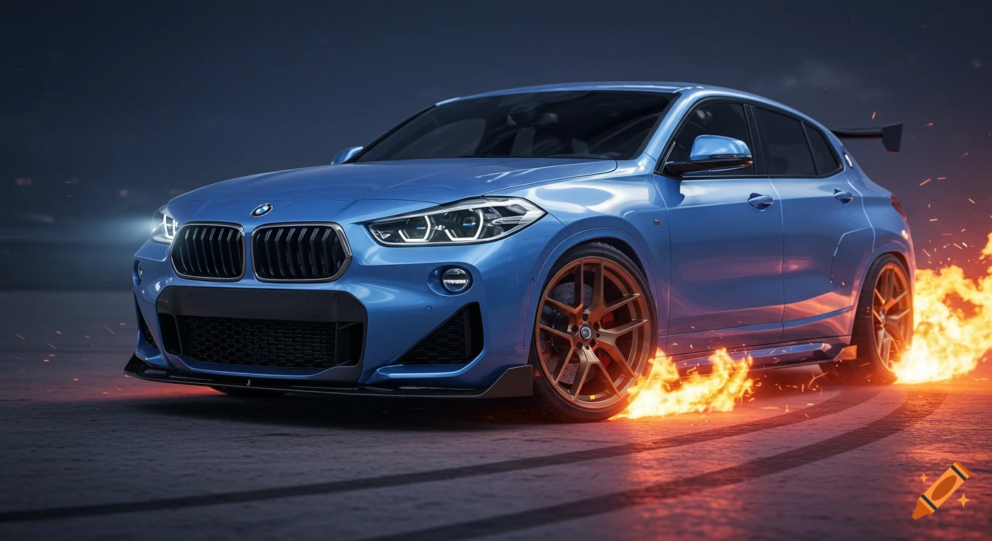 A blue BMW X2 M35i car performing a fiery tire skid on pavement, with an intense cinematic atmosphere.