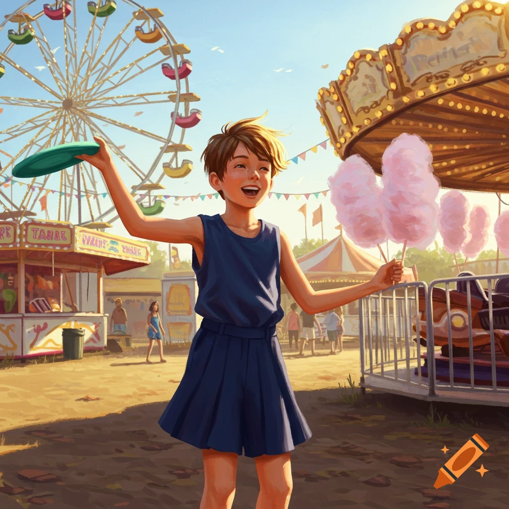 A happy child holds a frisbee and cotton candy at a sunny outdoor carnival with a Ferris wheel and merry-go-round.