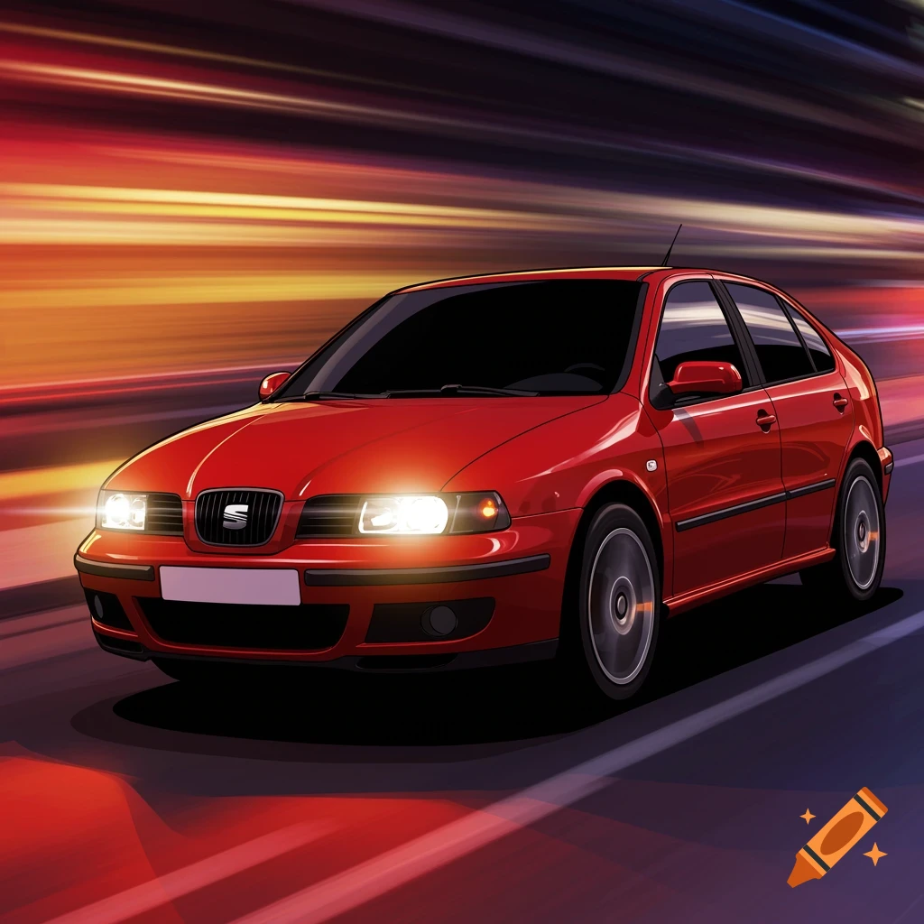 A vibrant red Seat car in a cartoon illustration, speeding forward with a blurred, colorful background.
