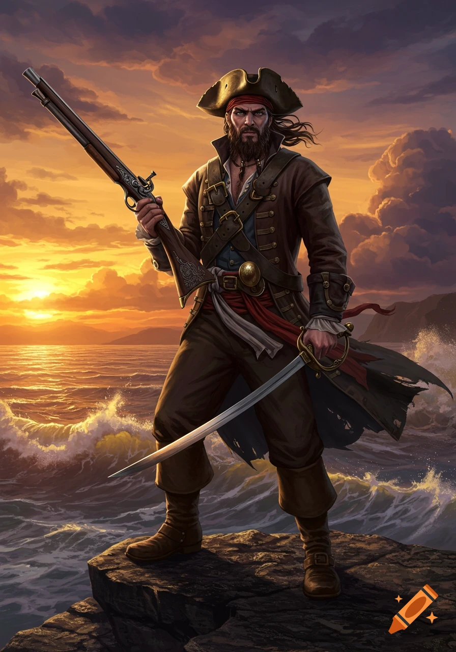 A bearded pirate in a tricorn hat and coat stands on a cliff overlooking a stormy sea at sunset, holding a musket and a sword.