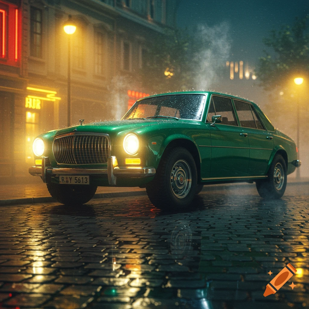 A green vintage-style car is parked on a wet cobblestone street at night, illuminated by bright streetlights and neon signs.