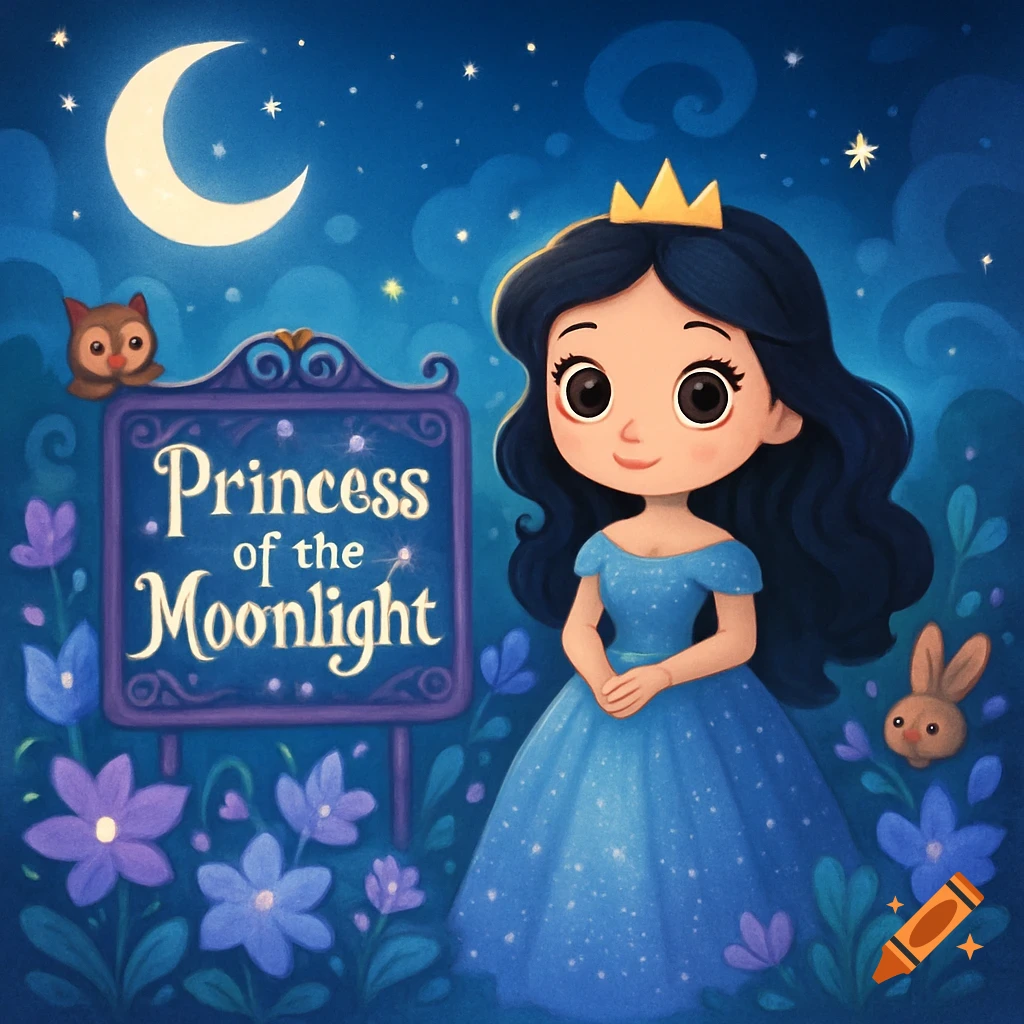 Cartoon princess in a blue dress stands by a 'Princess of the Moonlight' sign under a starry crescent moon, with an owl and bunny.