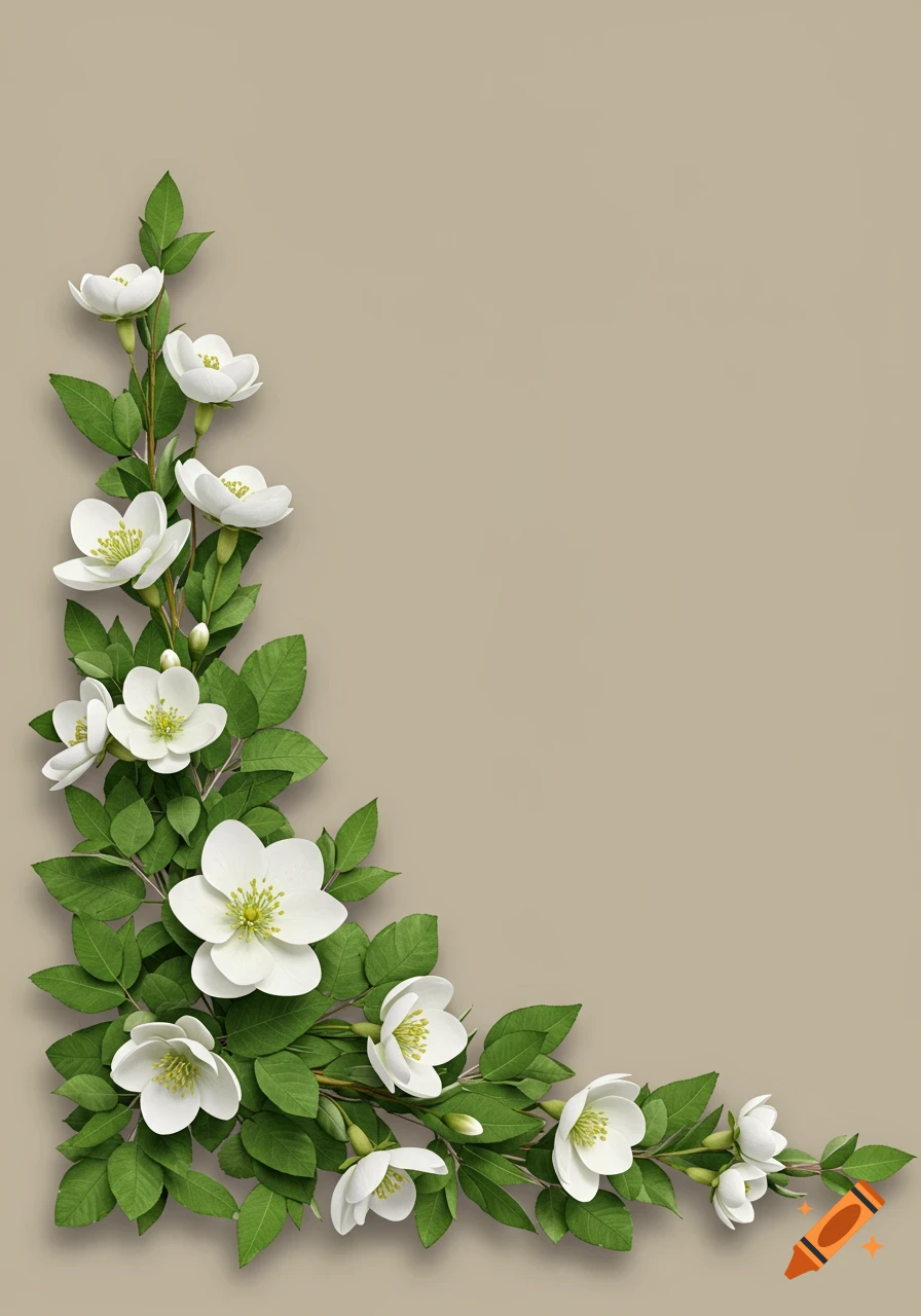 Photorealistic white flowers with green leaves forming a corner border on a beige background.