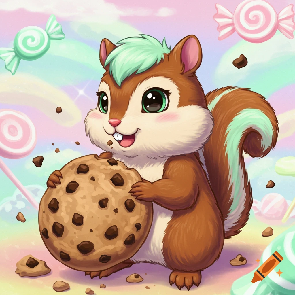 A cute, brown and mint-colored anime chipmunk holds a large chocolate chip cookie on a pastel background with candies.