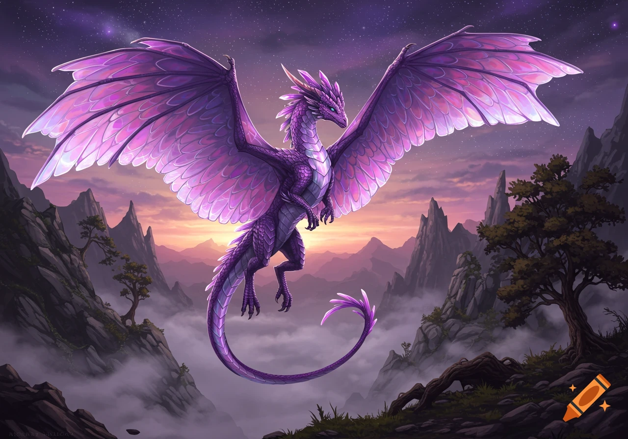 A vibrant purple dragon with large, glowing wings hovers over a misty mountain range at sunset under a star-filled sky.