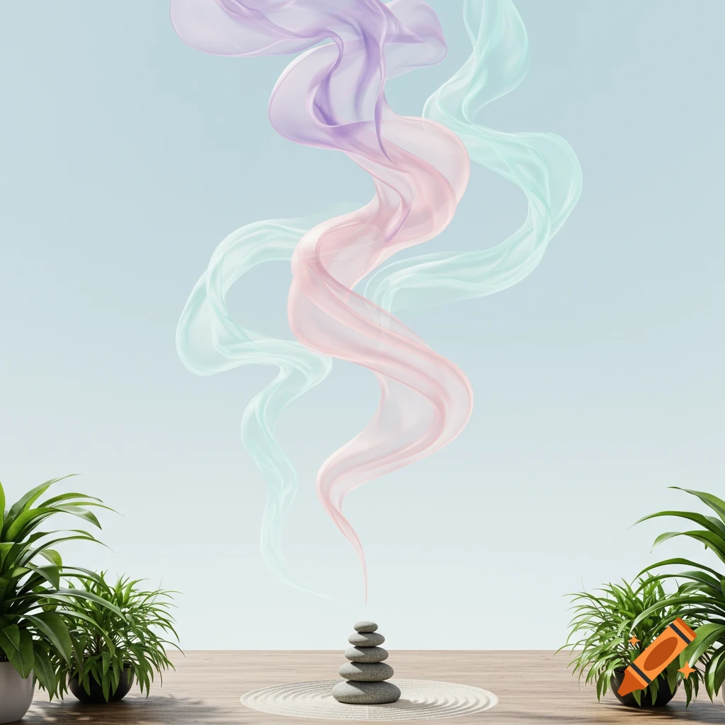 Soft pastel fabric swirls above stacked zen rocks in a sand garden, flanked by green houseplants on a wooden floor.