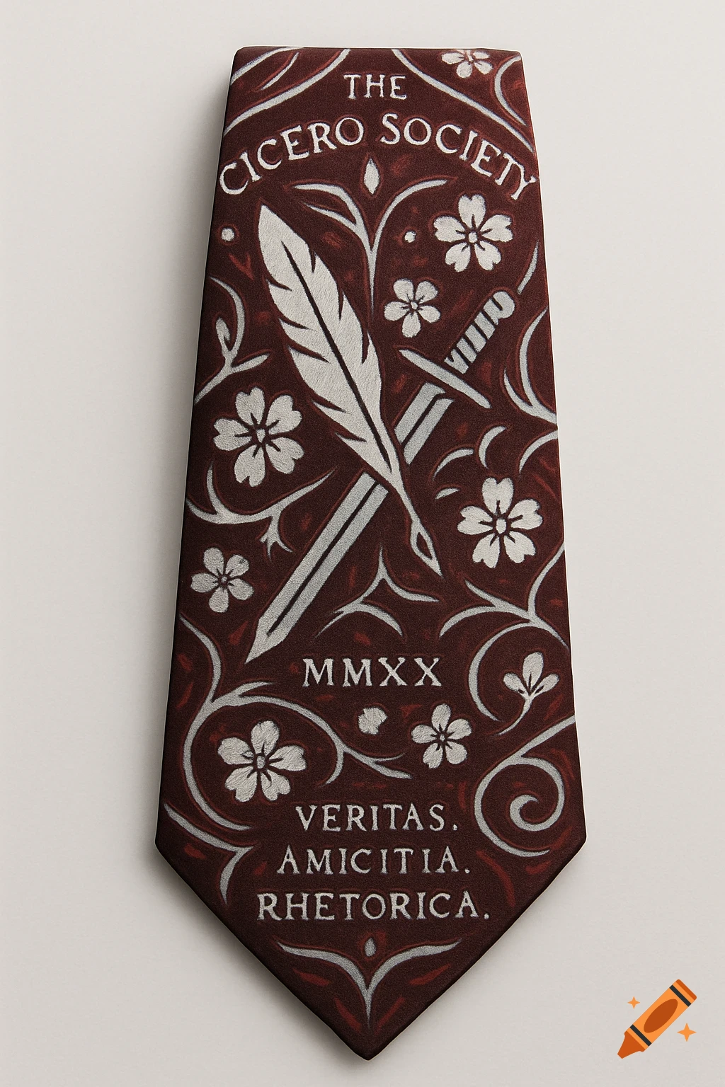 A maroon tie with a white design featuring a crossed quill and sword, floral motifs, and the text 'The Cicero Society' and 'Veritas. Amicitia. Rhetorica.'.